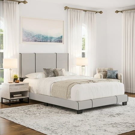 Boyd Sleep Lucena Off White Linen Twin Size Upholstered Platform Bed Frame with Adjustable Headboard, Qualified Box Spring or Foundation Required for Use