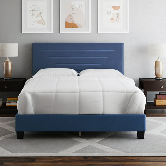 Boyd Sleep Luxembourg Blue Faux Leather Queen Size Fully Upholstered Platform Bed Frame with Adjustable Headboard, Qualified Box Spring or Foundation Required for Use