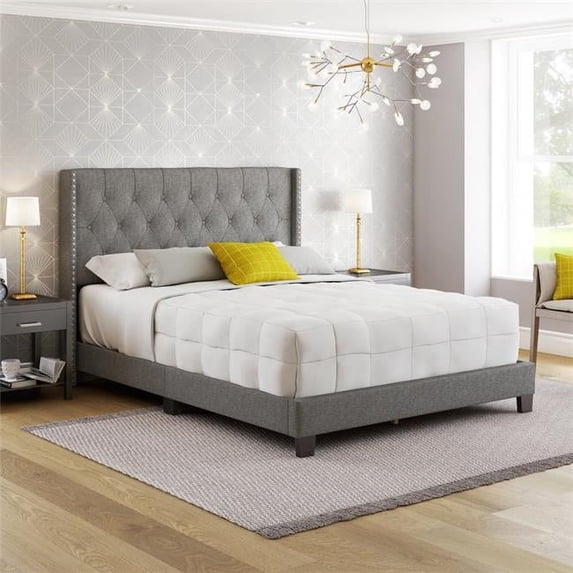 Skyline Decor Linen Panel Upholstered Platform Bed Frame, Grey, Queen