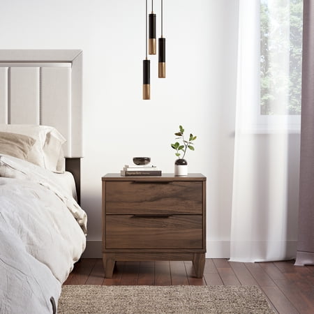 Boyd Sleep Mackay Modern Double Drawer Nightstand, Durable Farmhouse Bedroom Storage, Walnut
