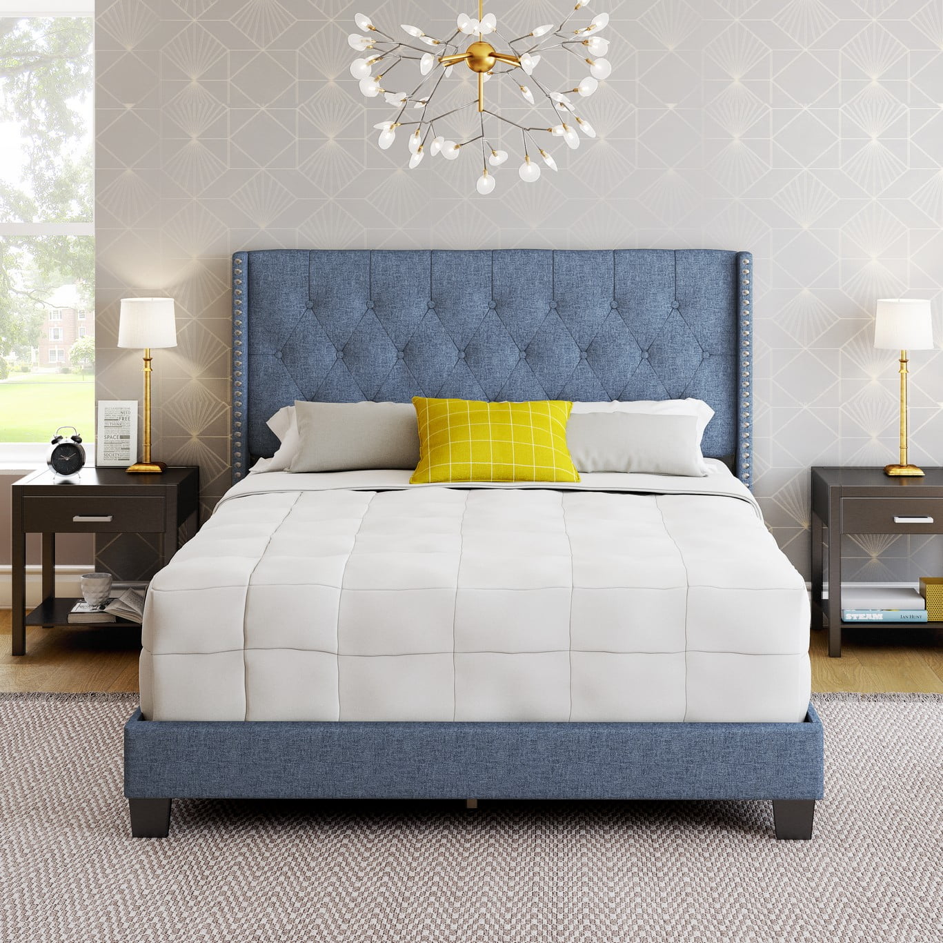 Boyd Sleep Mia Blue Linen King Size Fully Upholstered Platform Bed Frame with Tufted Headboard