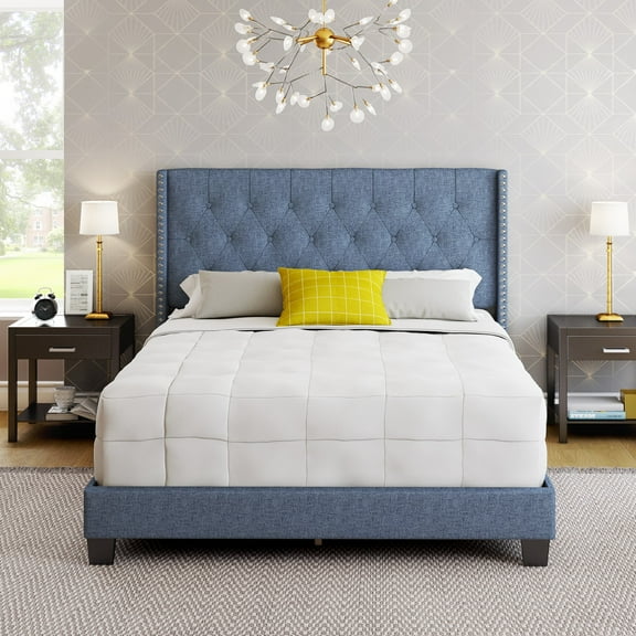Boyd Sleep Mia Blue Linen Queen Size Fully Upholstered Platform Bed Frame with Tufted Headboard