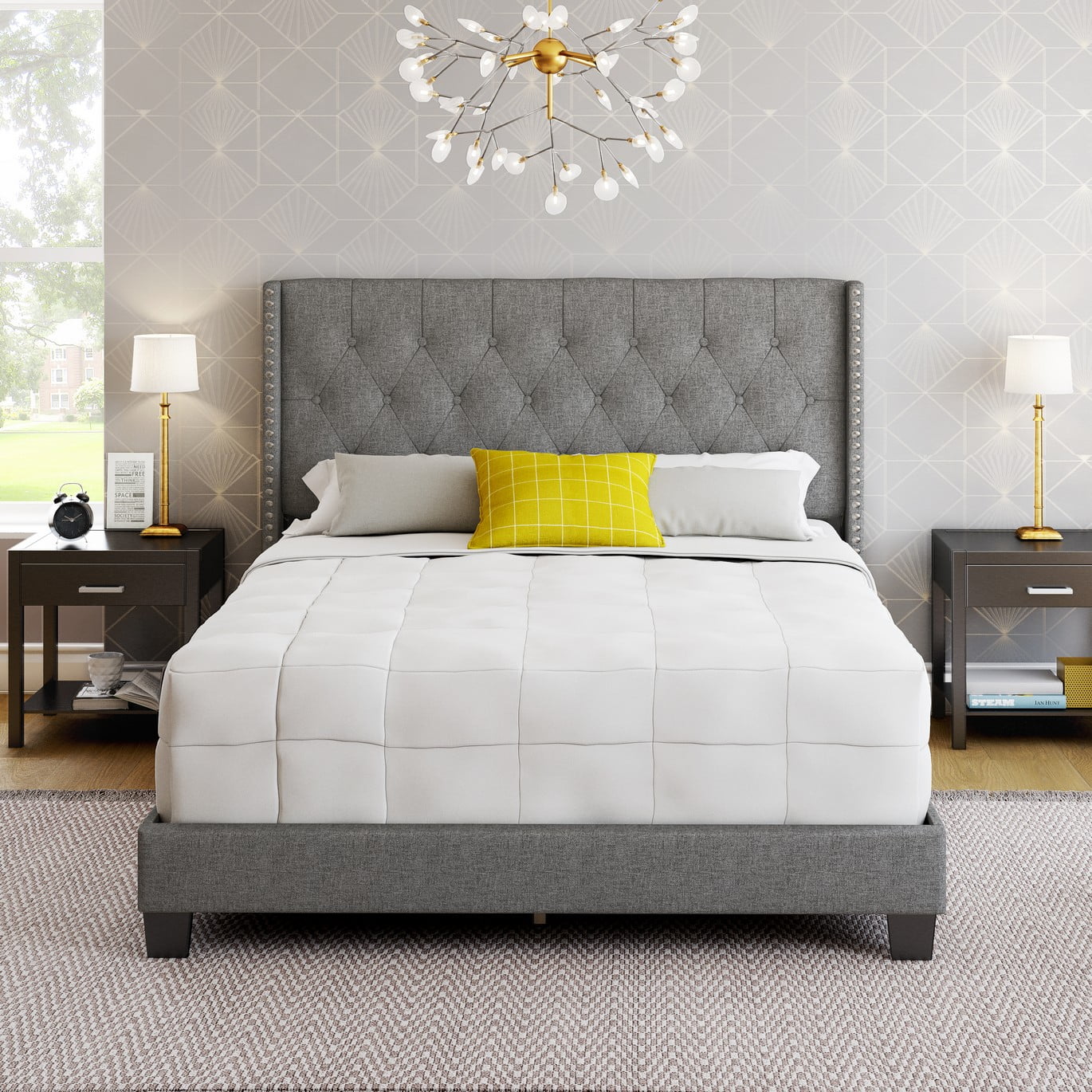 Boyd Sleep Mia Gray Linen King Size Fully Upholstered Platform Bed Frame with Tufted Headboard