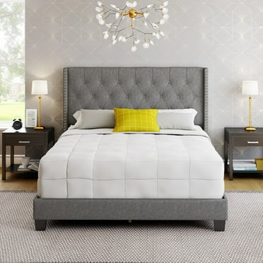 Boyd Sleep Mia Gray Linen Queen Size Fully Upholstered Platform Bed Frame with Tufted Headboard