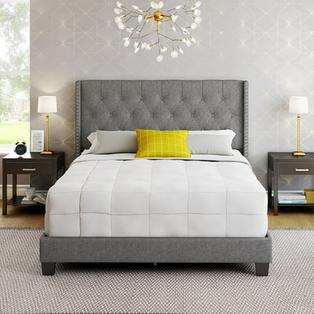 Boyd Sleep Mia Gray Linen Queen Size Fully Upholstered Platform Bed Frame with Tufted Headboard