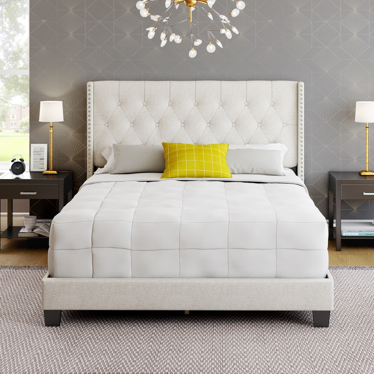 Boyd Sleep Mia Off White Linen King Size Fully Upholstered Platform Bed Frame with Tufted Headboard
