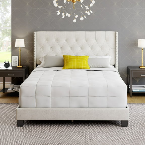 Boyd Sleep Mia Off White Linen King Size Fully Upholstered Platform Bed Frame with Tufted Headboard
