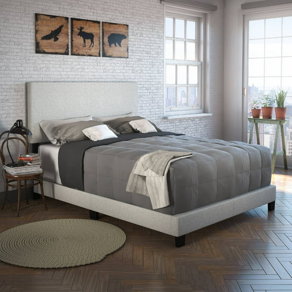 Boyd Sleep Milan Off-White Linen Queen Size Fully Upholstered Platform Bed Frame with Adjustable Headboard, Qualified Box Spring or Foundation Required for Use