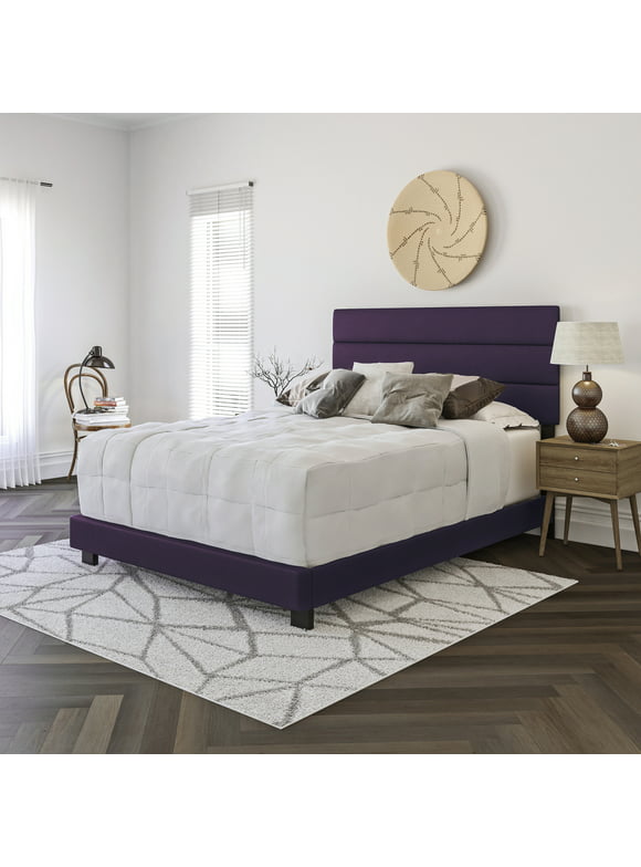 Boyd Sleep Napoli Upholstered Faux Leather Tri Panel Channel Headboard Platform Bed Frame, Full, Purple