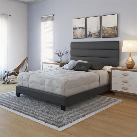 Skyline Decor Upholstered Faux Leather Tri Panel Channel Headboard Platform Bed Frame, Full, Black