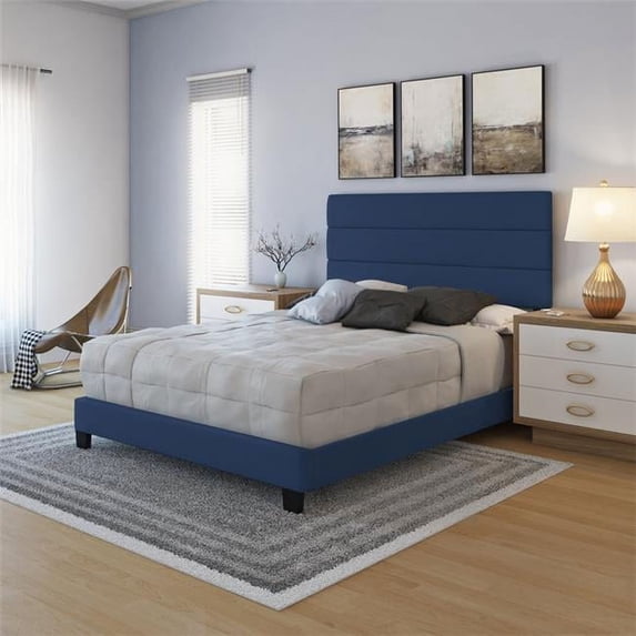 Skyline Decor Upholstered Faux Leather Tri-Panel Channel Headboard Platform Bed Frame, King, Blue