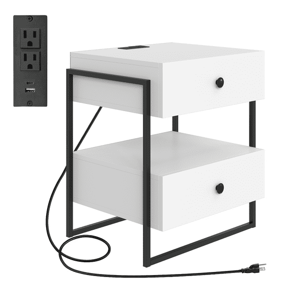 Boyd Sleep Pesaro Modern Two Drawer Nightstand with USB Charging Ports, Metal Frame, White Storage Table for Bedroom