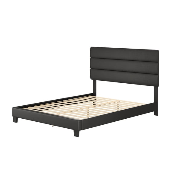 Boyd Sleep Piedmont Black Faux Leather Queen Size Fully Upholstered Platform Bed Frame with Adjustable Headboard