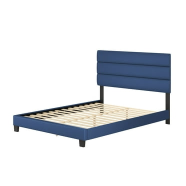 Boyd Sleep Piedmont Blue Faux Leather Queen Size Fully Upholstered Platform Bed Frame with Adjustable Headboard