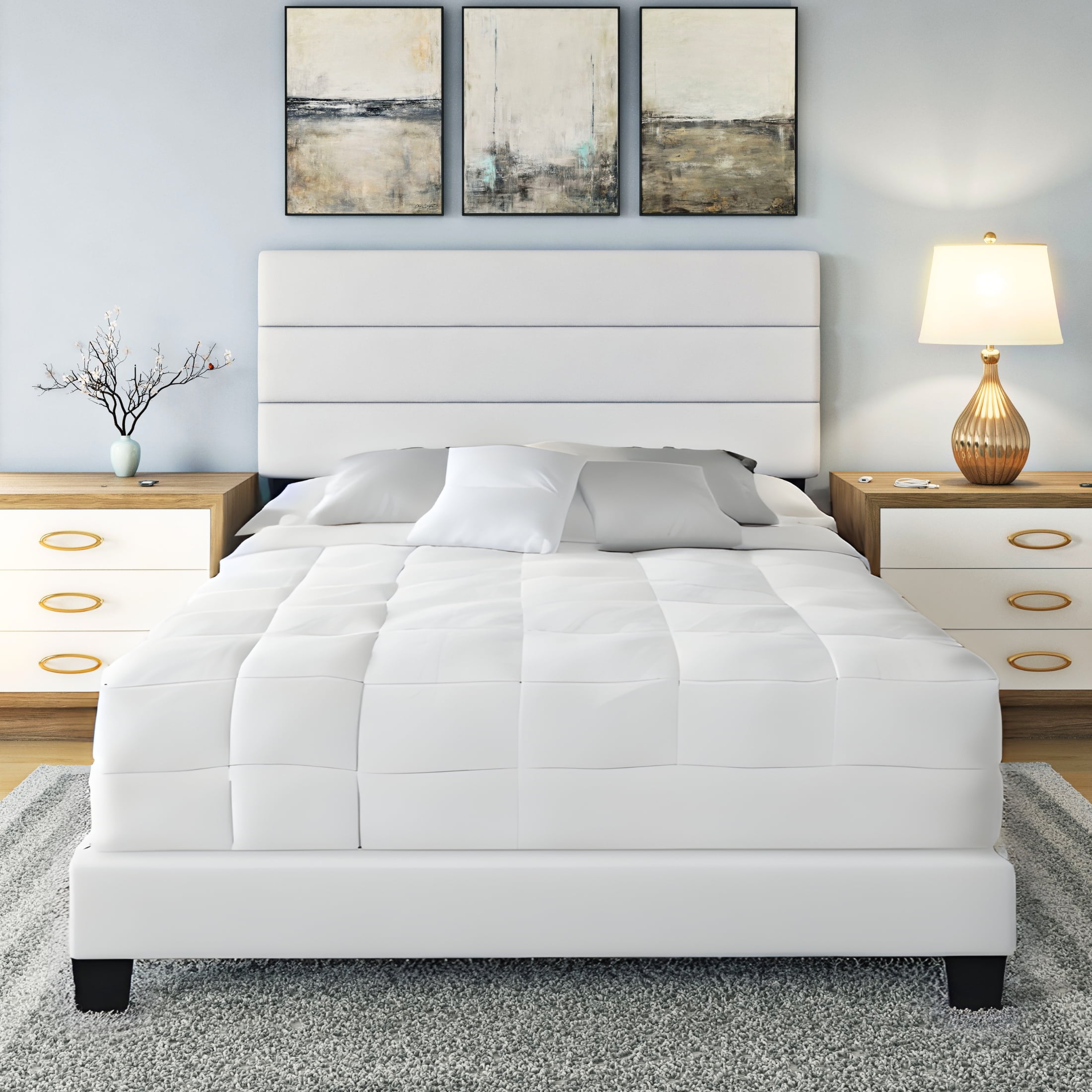 Boyd Sleep Piedmont White Faux Leather Queen Size Fully Upholstered Platform Bed Frame with Adjustable Headboard