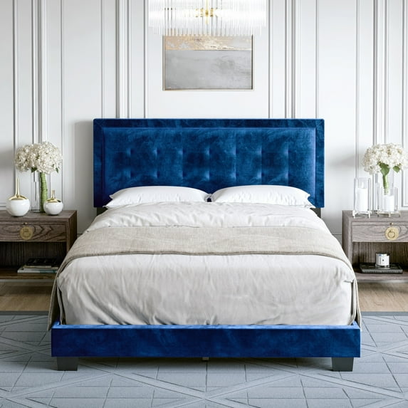 Boyd Sleep Pisa Blue Velvet King Size Fully Upholstered Platform Bed Frame with Adjustable Headboard