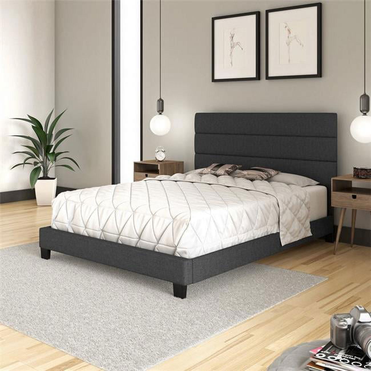Rachel Light Gray Linen Upholstered Queen Bed Frame with Tufted Headboard