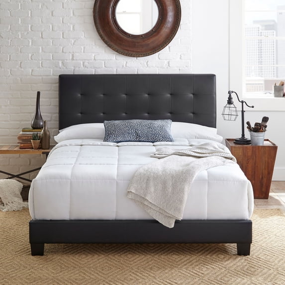 Boyd Sleep Roma Black Faux Leather Queen Size Fully Upholstered Platform Bed Frame with Adjustable Headboard