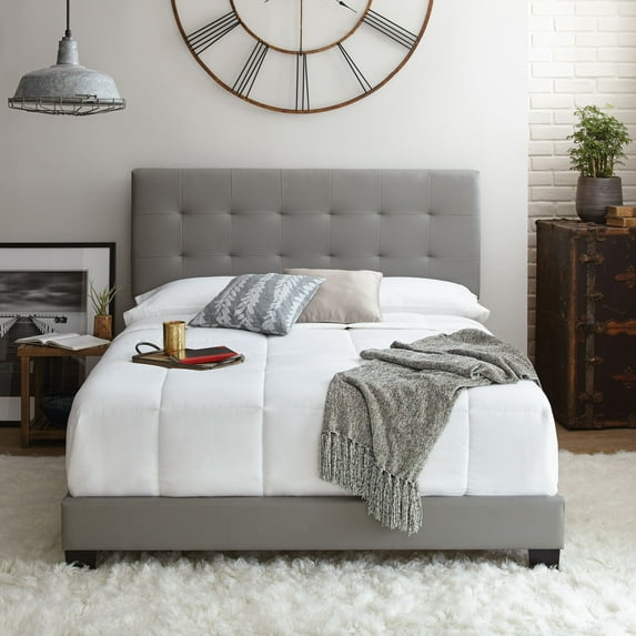 Boyd Sleep Roma Gray Faux Leather Queen Size Fully Upholstered Platform Bed Frame with Adjustable Headboard