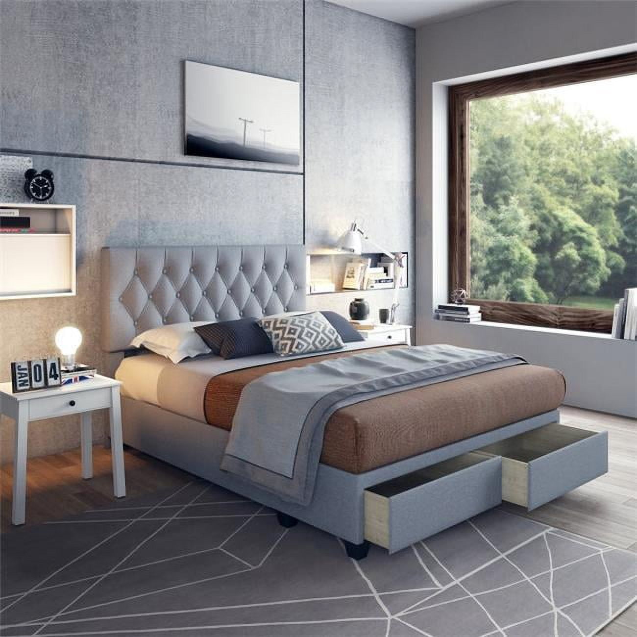 Anne Collection Grey Tufted Upholstered Queen Bed with Storage