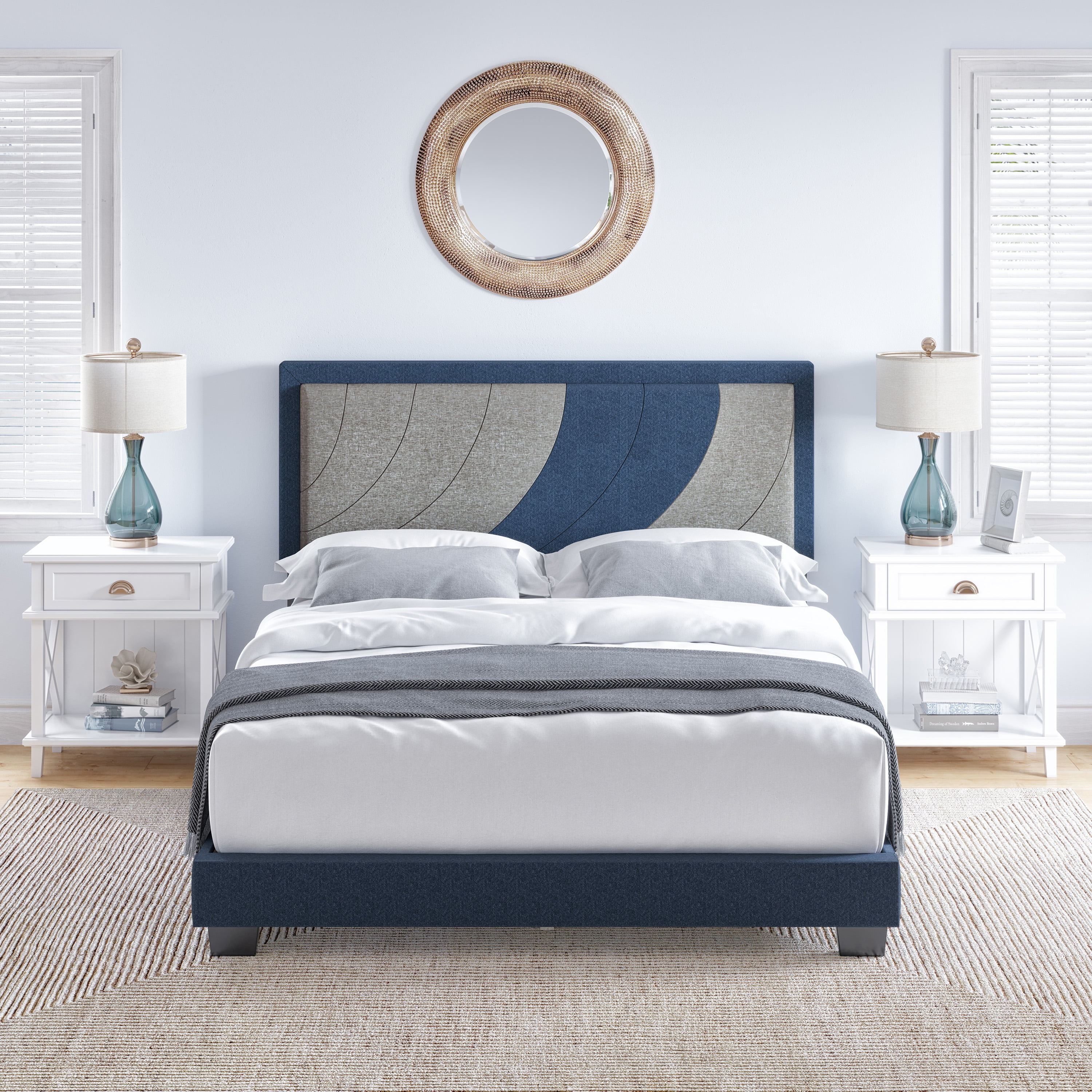 Boyd Sleep Sail Away Blue/Gray Linen Queen Size Fully Upholstered Platform Bed Frame with Adjustable Headboard