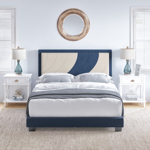 Boyd Sleep Sail Away Blue/Off White Linen King Size Fully Upholstered Platform Bed Frame with Adjustable Headboard
