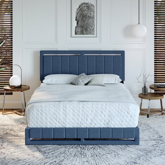 Boyd Sleep Senata Blue Linen King Size Fully Upholstered Platform Bed Frame with Adjustable Headboard