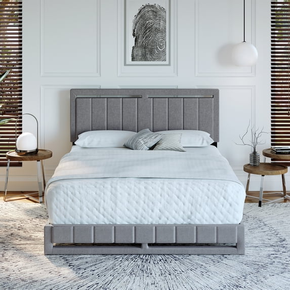 Boyd Sleep Senata Gray Linen Queen Size Fully Upholstered Platform Bed Frame with Adjustable Headboard