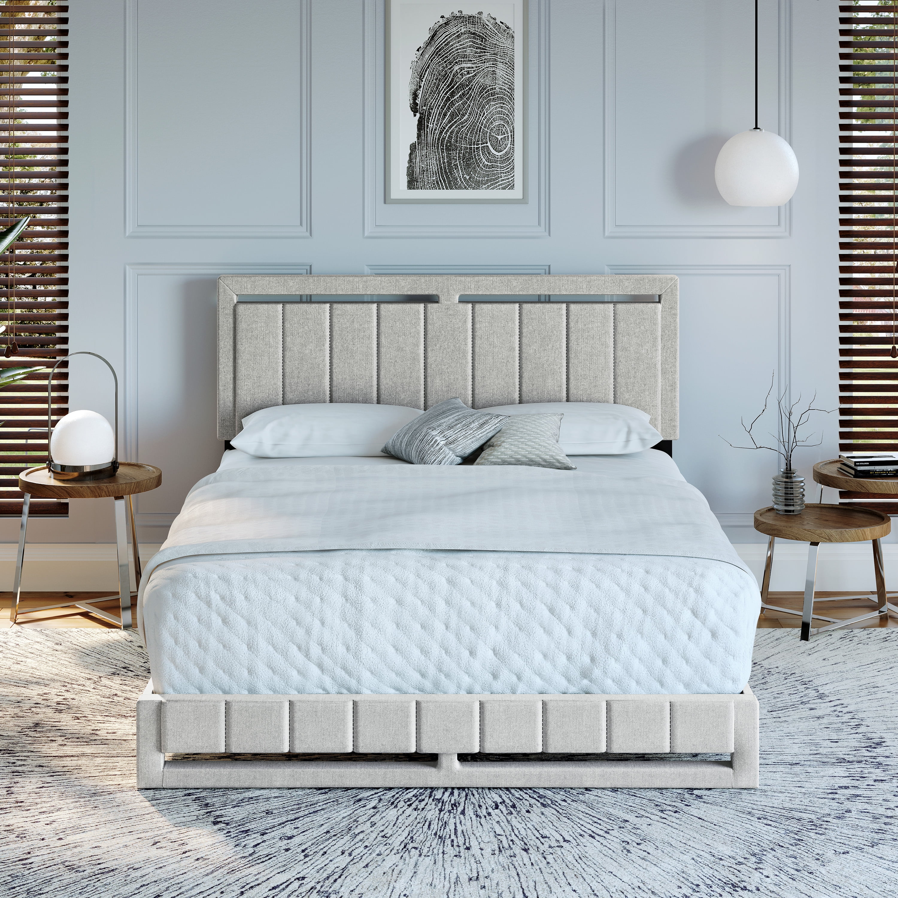 Boyd Sleep Senata Off White Linen Twin Size Fully Upholstered Platform Bed Frame with Adjustable Headboard
