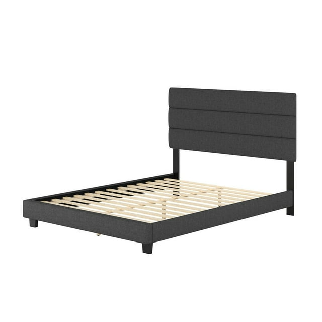 Boyd Sleep Sicily Black Linen Queen Size Fully Upholstered Platform Bed Frame with Adjustable Headboard
