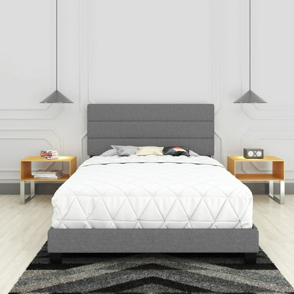 Boyd Sleep Sicily Gray Linen Queen Size Fully Upholstered Platform Bed Frame with Adjustable Headboard