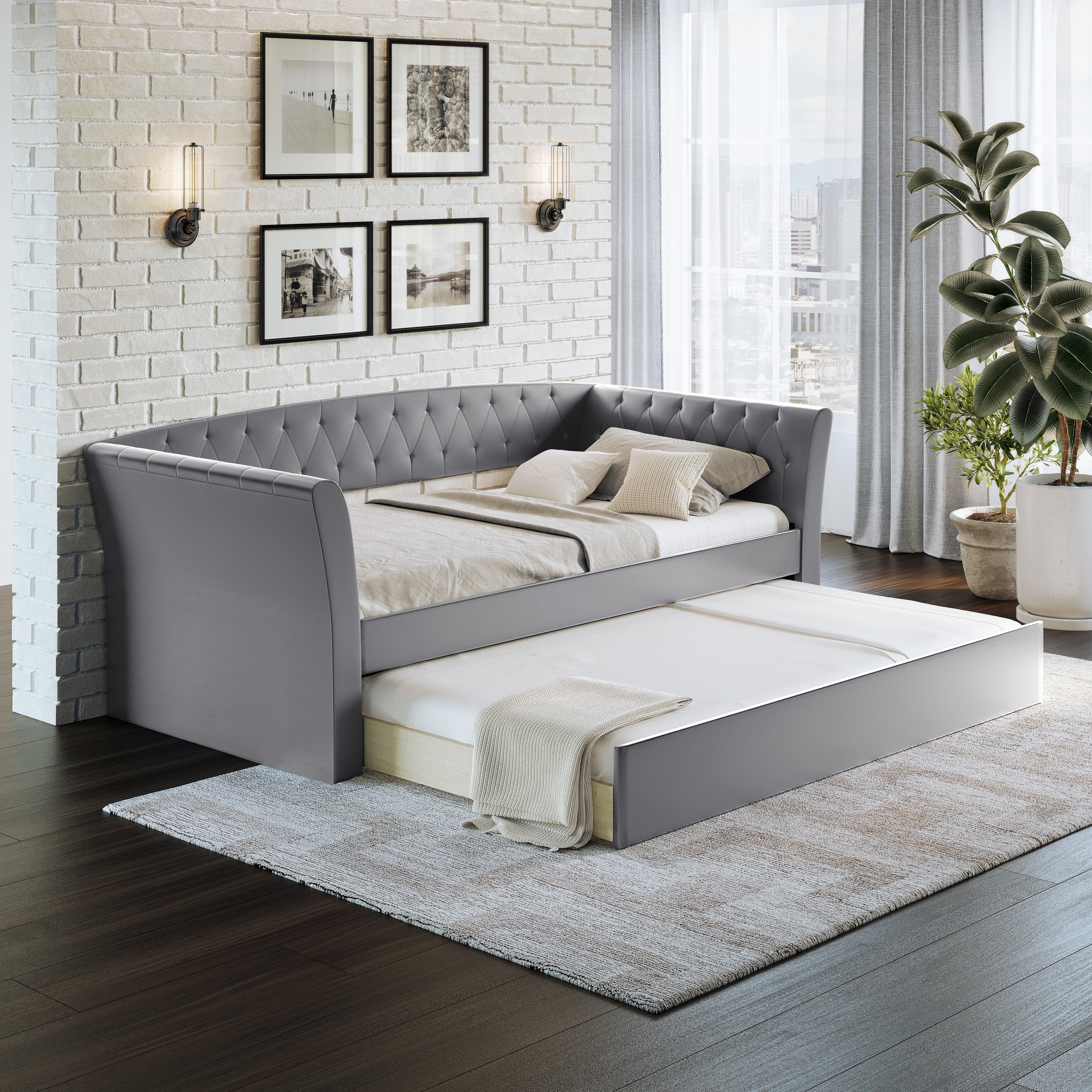 Boyd Sleep St. Ives Faux Leather Upholstered with Trundle Daybed, Twin, Gray