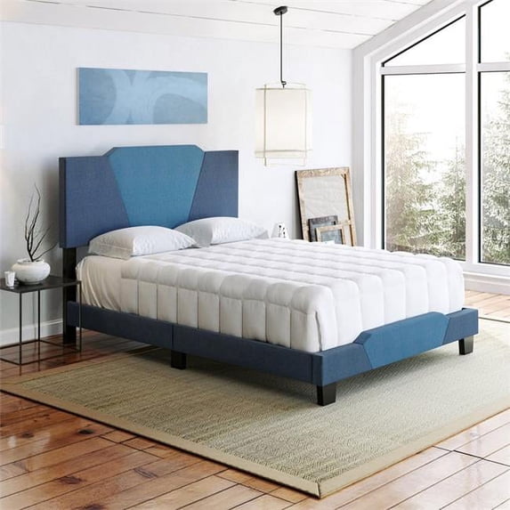 Skyline Decor Upholstered Geometric Ocean and Medium Blue Linen Platform Bed Frame, King