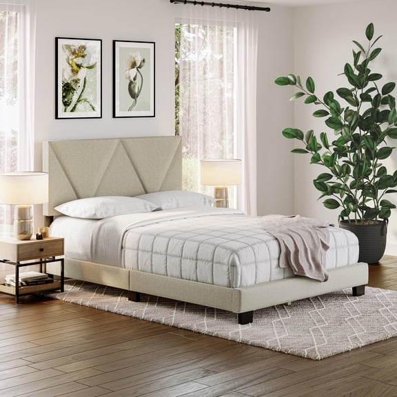 Boyd Sleep Vector Tan Linen Queen Size Upholstered Platform Bed Frame with Adjustable Headboard