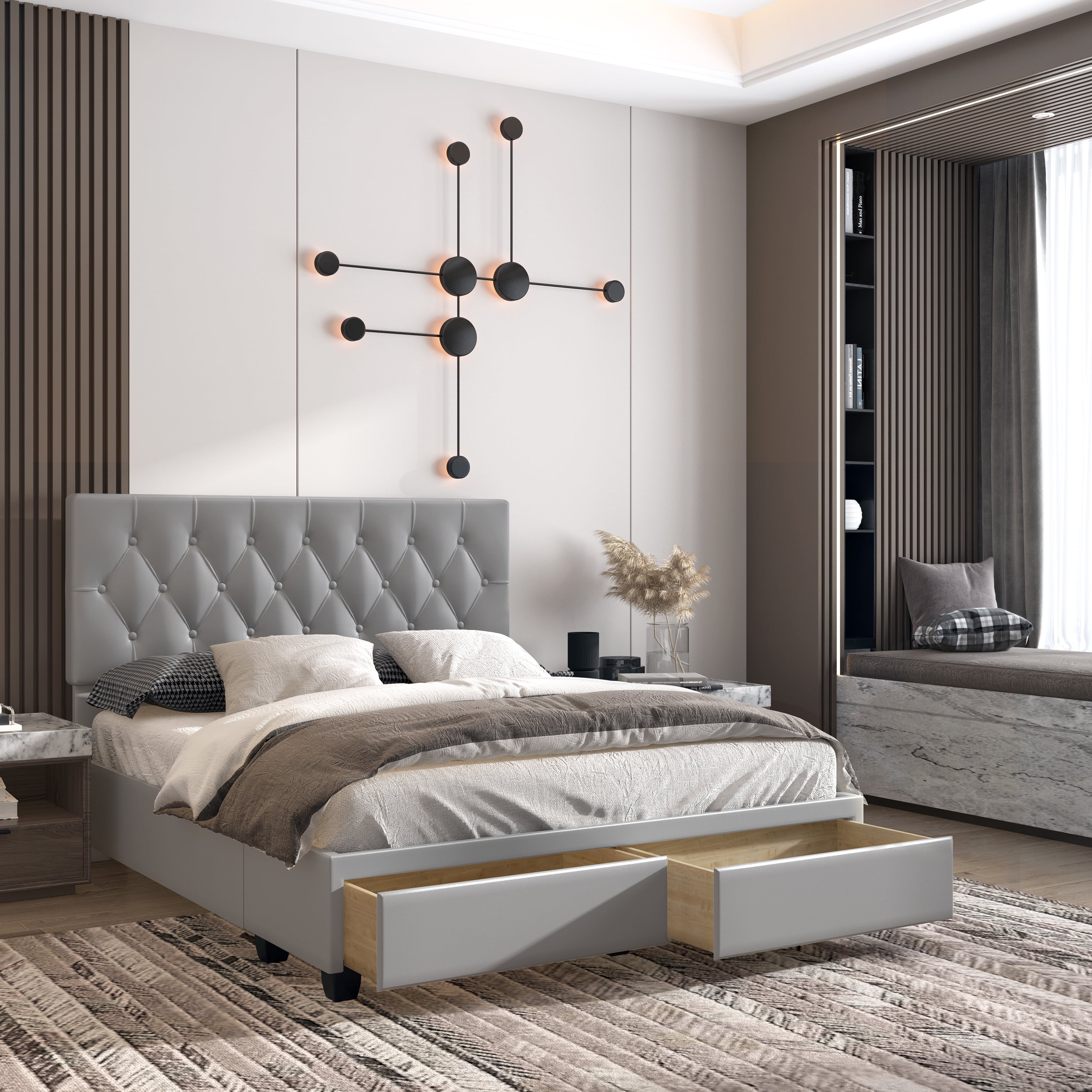 Boyd Sleep Verona Faux Leather Upholstered Tufted Platform Storage Bed Frame, Full, Gray