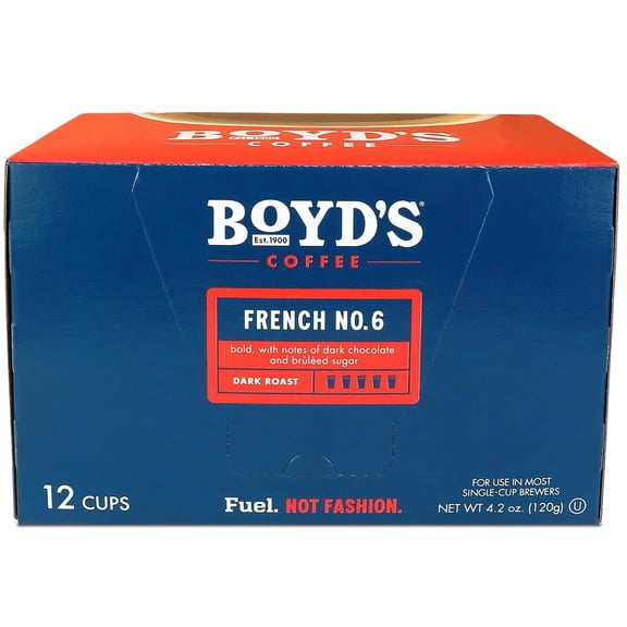 Boyds Coffee French No. 6 Dark Roast Single Serve Pods, 12 Count Rich, Sweet & Smoky Arabica Coffee Compatible with K-Cup Brewers