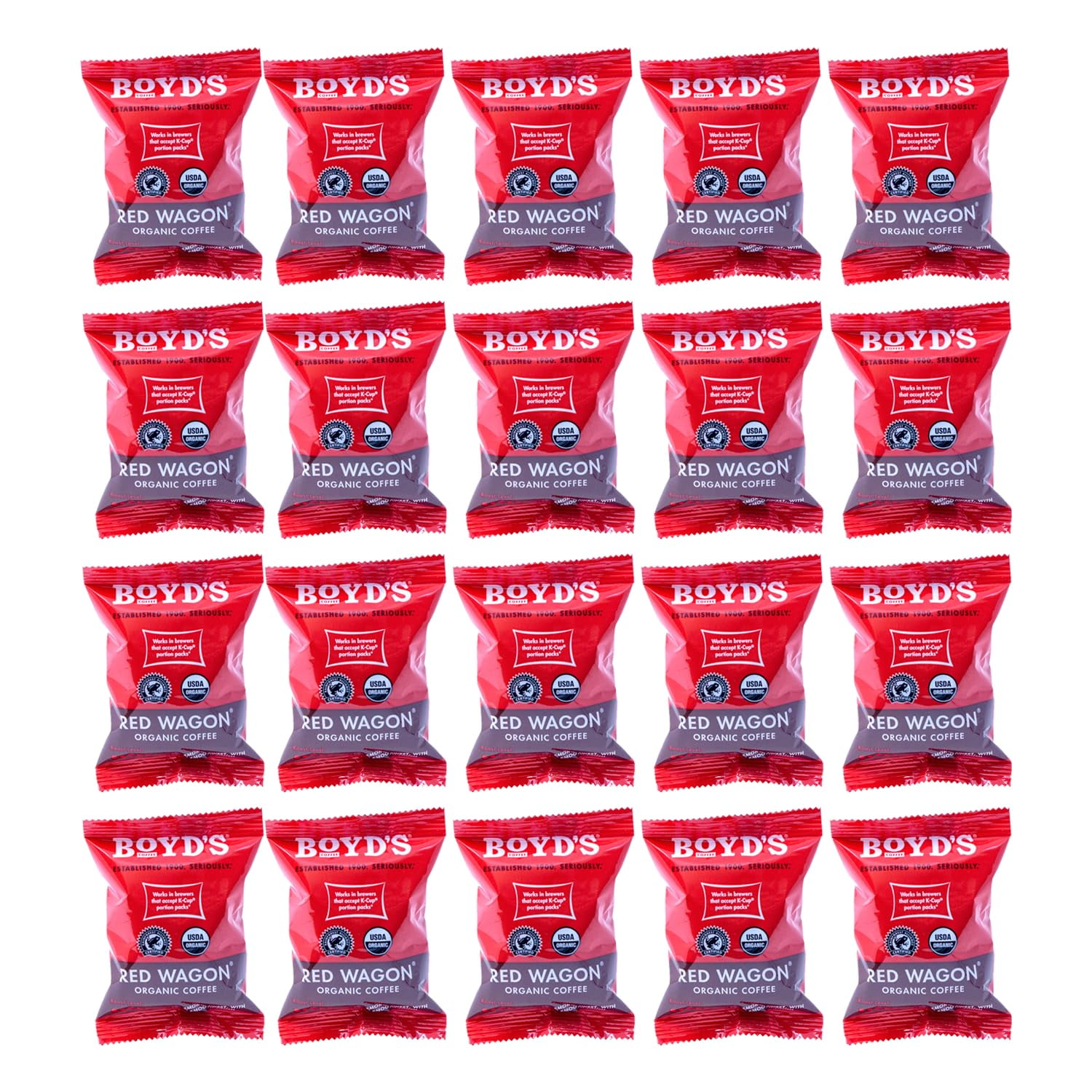 Boyds Red Wagon Organic Dark Roast Coffee, 20 Count Compostable Single Serve Pods Smoky, Sweet, and Full-Bodied Flavor