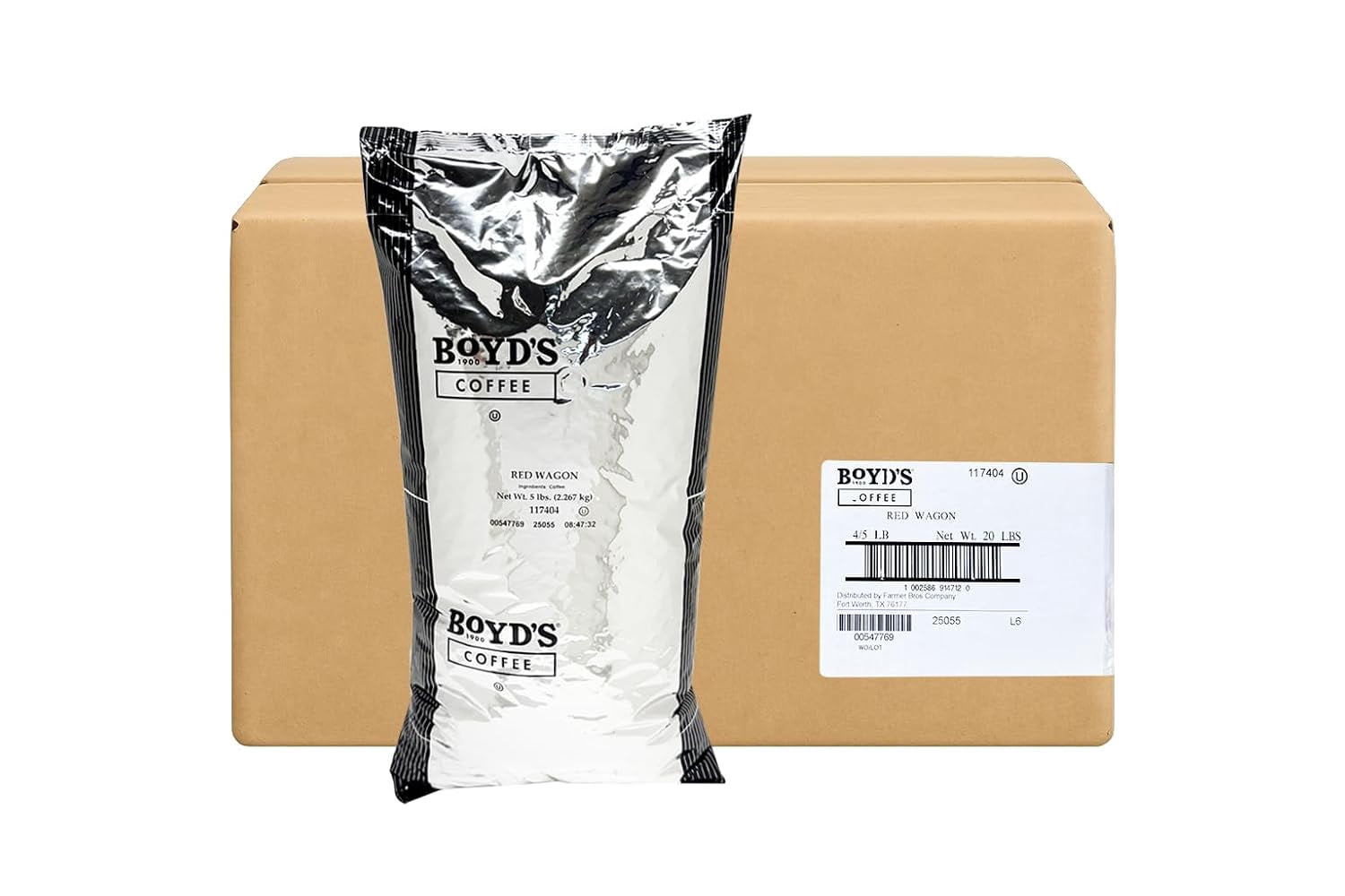Boyd's Red Wagon Whole Bean Coffee, 4 Bags (5lb Each) – Dark Roast – Full Case – Bold, Smoky, Full-Bodied Coffee with Hints of Dark Chocolate & Citrus – 20lb Total