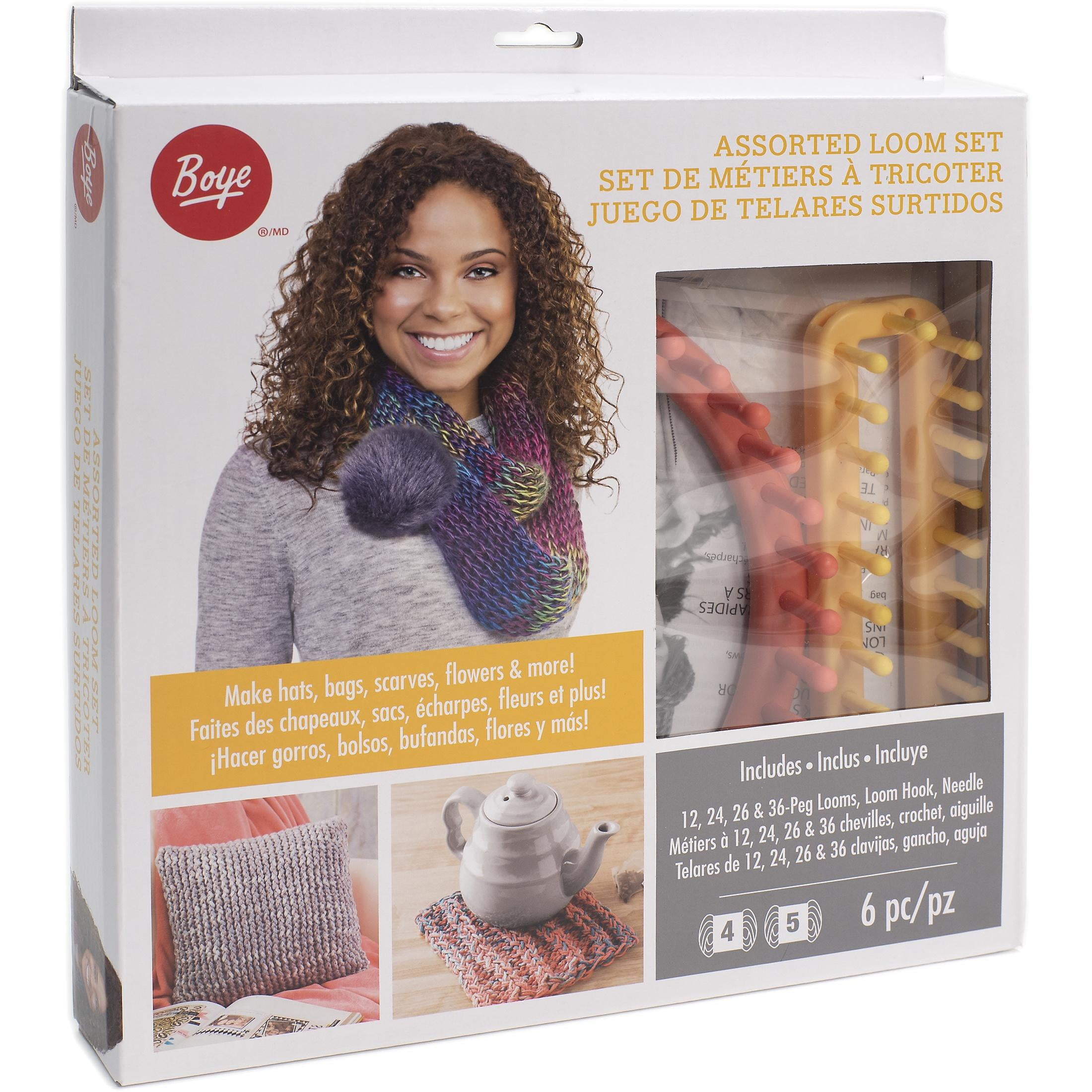 Boye Assorted Loom Set, 6 Pieces, 3 Round Plastic Looms, 1 Rectangular Plastic Loom, 1 Loom Hook, 1 Yarn Needle, Multicolor, Ages 8 and up