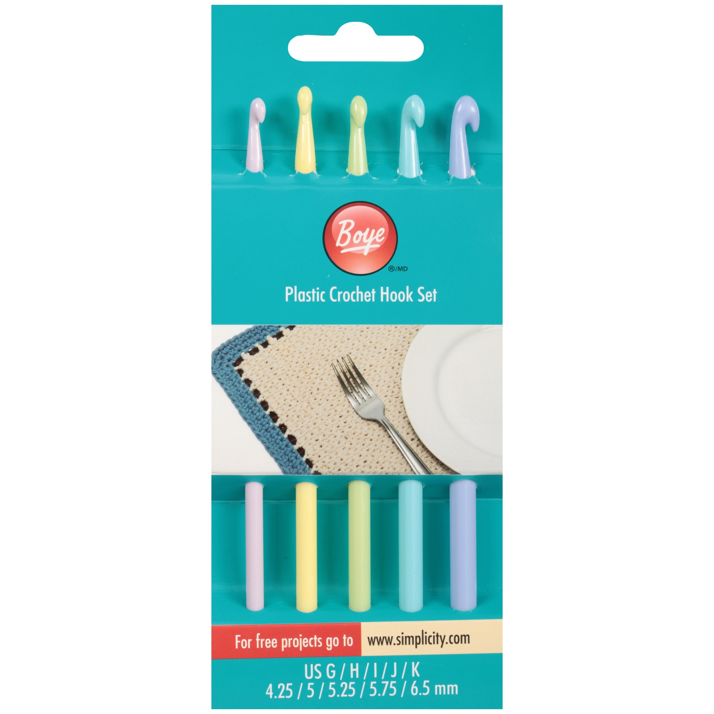 Boye Plastic Crochet Hook Set with Yarn Guide, G, H, I, J, K (5 Piece)