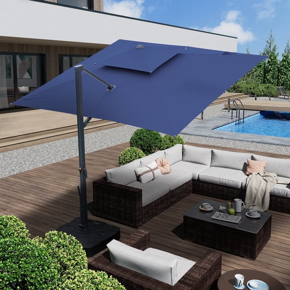 Boyel Living 10×10 FT Cantilever Patio Umbrellas Outdoor Offset Umbrella, Double Top Square Cantilever Patio Umbrella w/ Removable Light & Base, Navy Blue