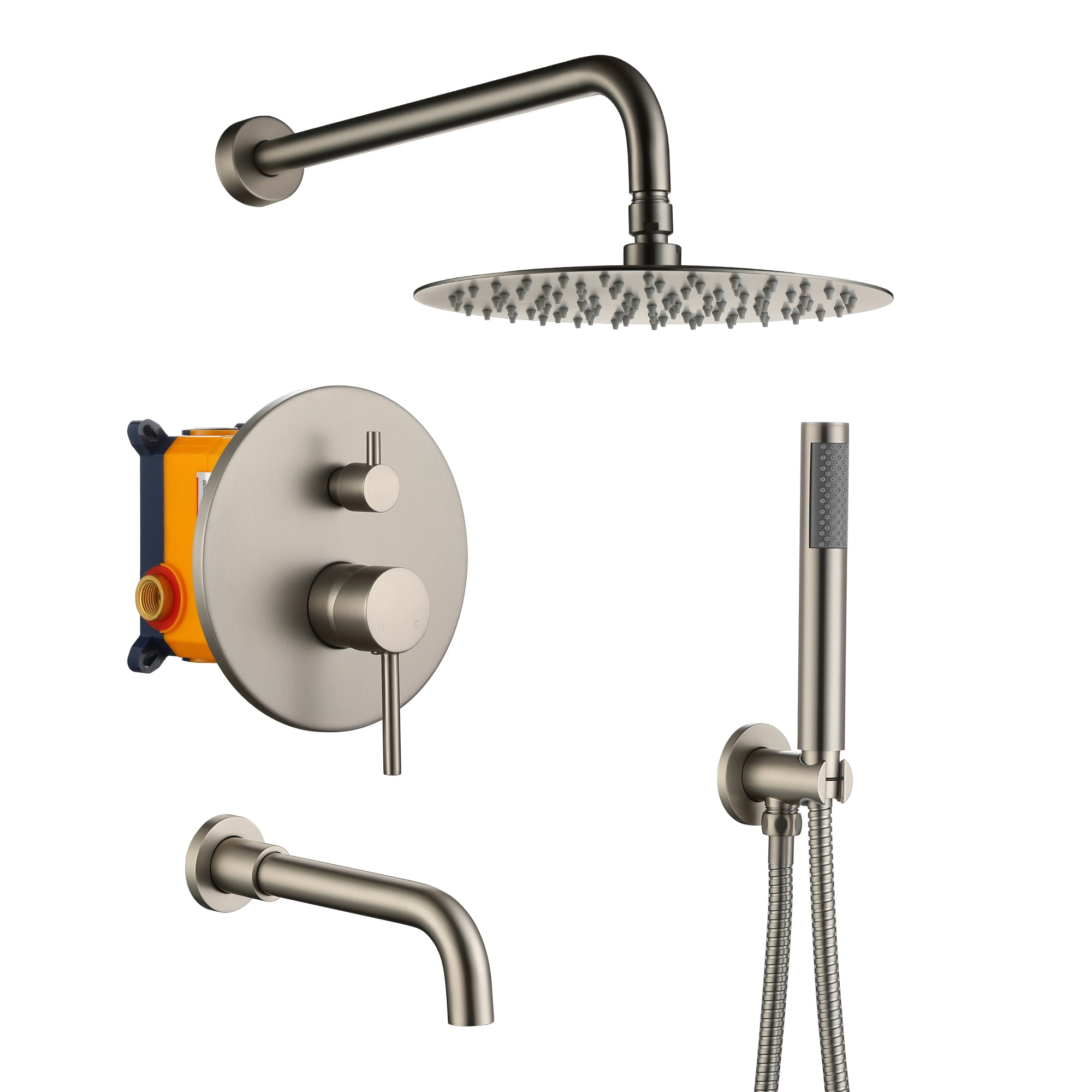 Brushed Nickel Large Round Rain Shower System with Handheld