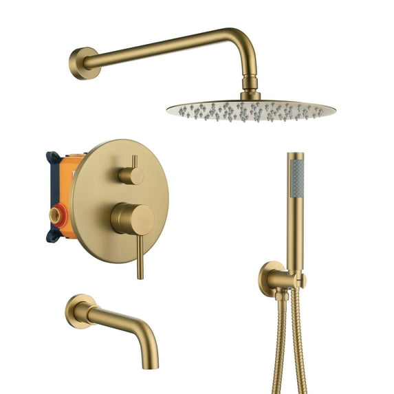 Boyel Living 10 in Shower System Wall Mount Rainfall Shower Head with Handheld Shower and Bathtub Tub Spout,3-function Bathroom Round Shower Combo Set Tub Faucet,Shower Faucet Set in Brushed Gold