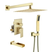 Boyel Living 10 In Wall Mounted Shower System 3-Function Rain Shower Head Shower Faucet Set with Handheld Spray Bathroom Waterfall Tub Spout Brushed Gold