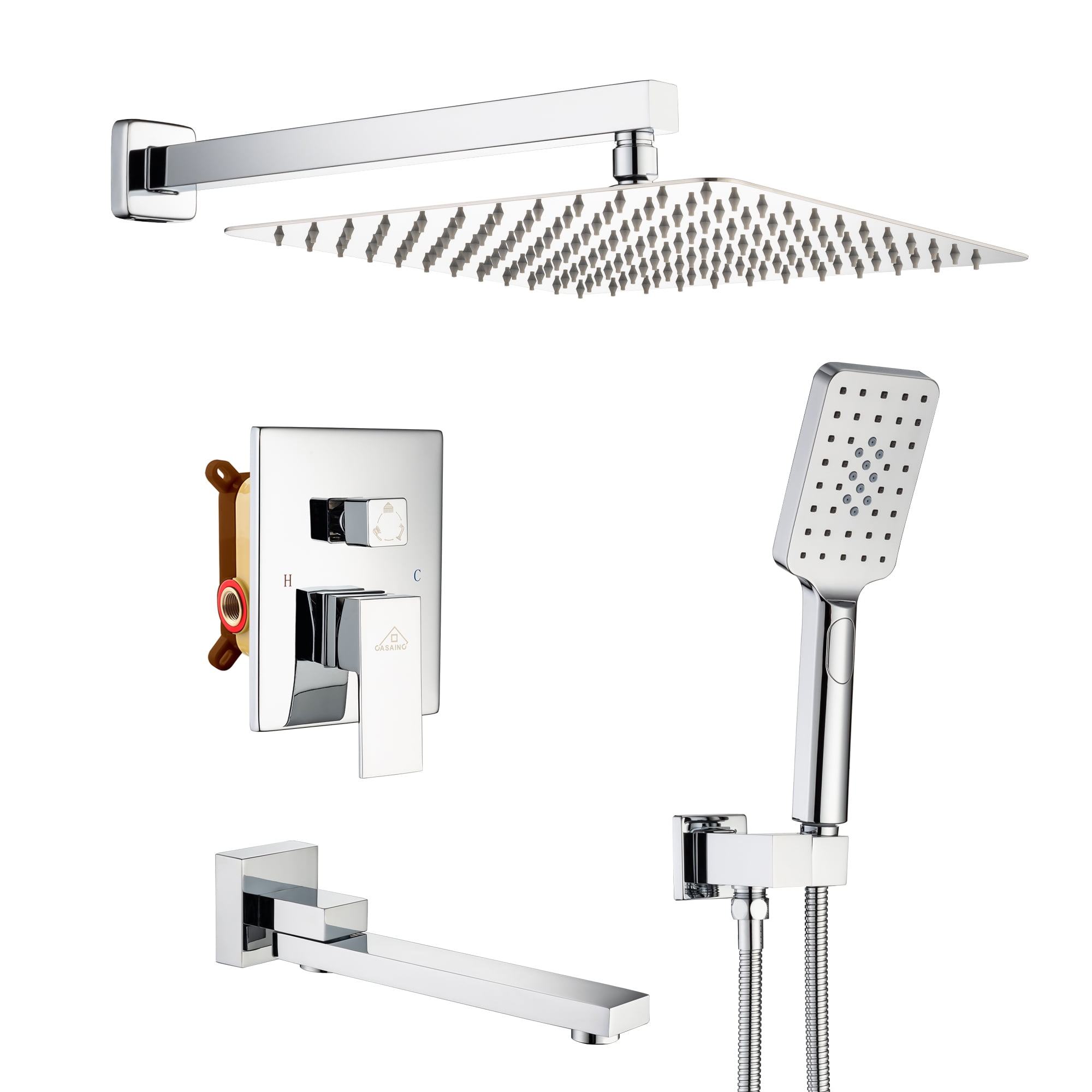 Chrome 10" Square Wall Mounted Rainfall Shower System with Handheld