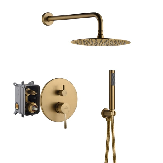 Boyel Living 10 inch Round Rain Shower Faucet Wall Mount 2-function Shower System with Handheld Shower Brushed Gold