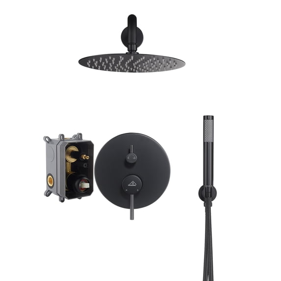 Boyel Living 10 inch Round Rain Shower Faucet Wall Mount 2-function Shower System with Handheld Shower Matte Black