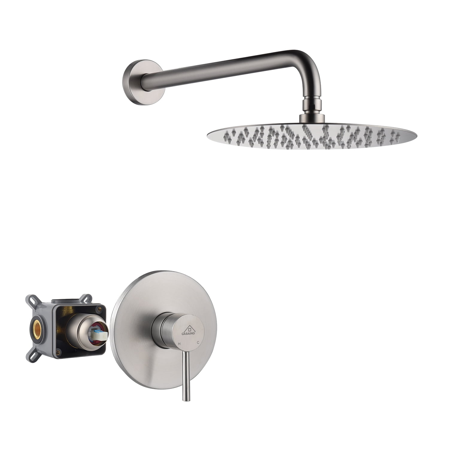 Brushed Nickel Large Round Rain Shower Head with Wall Mount
