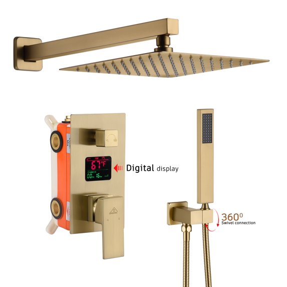 Boyel Living 10 inches Rain Shower System Wall Mount 2 Function Shower Faucet Set with Digital Temperature Display Brushed Gold