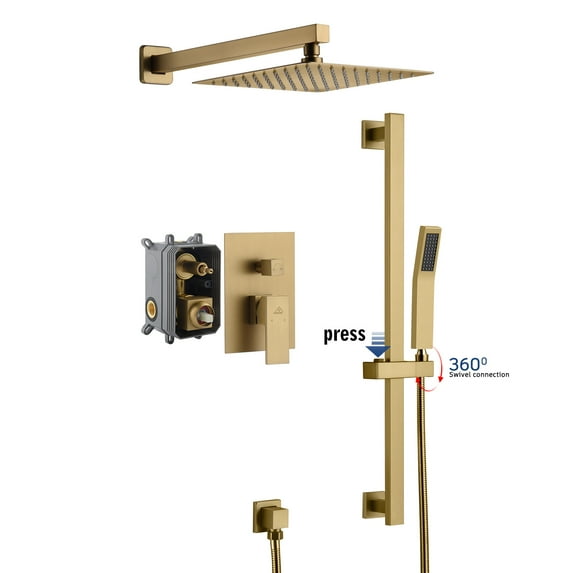 Boyel Living 10 inches Rain Shower System Wall Mount Dual Shower Heads with Adjustable Handheld Shower Brushed Gold